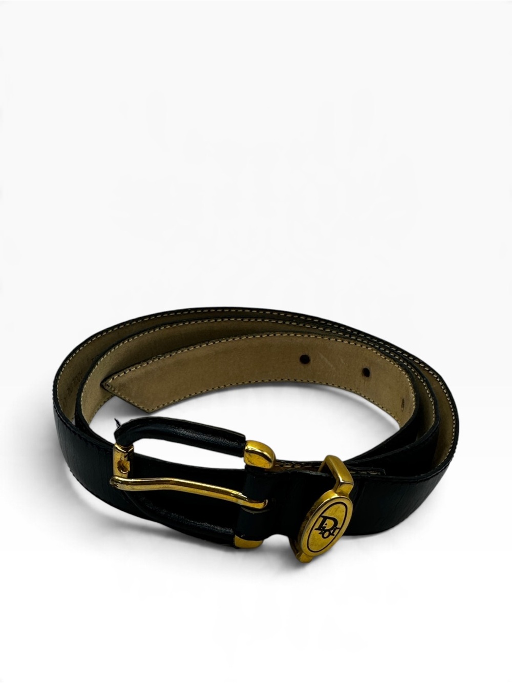 VTG 70s 80s Christian Dior Navy Leather Belt Gold Oval CD Buckle Medium 34.5”